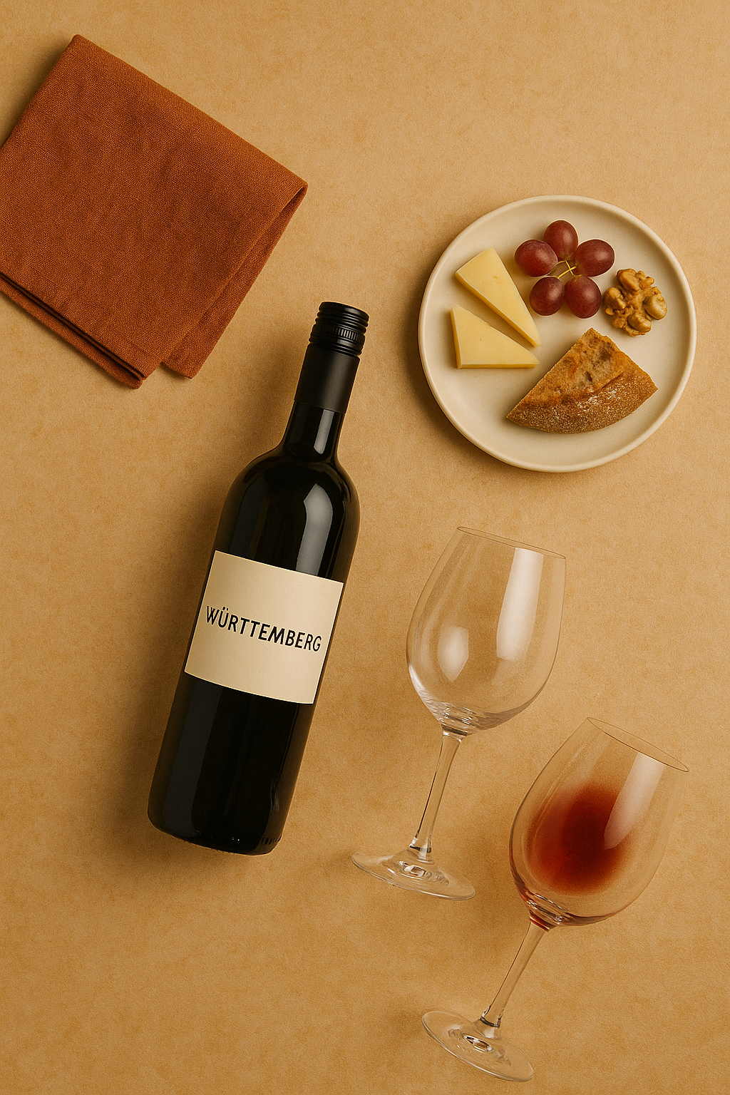 Flatlay mit Württemberger Wein, zwei Weingläsern, Brot, Käse, Trauben und Nüssen auf warmer Steinfläche – stimmungsvolles Bild für den schwäbischen Weinabend im HALBVOLL Kassel.